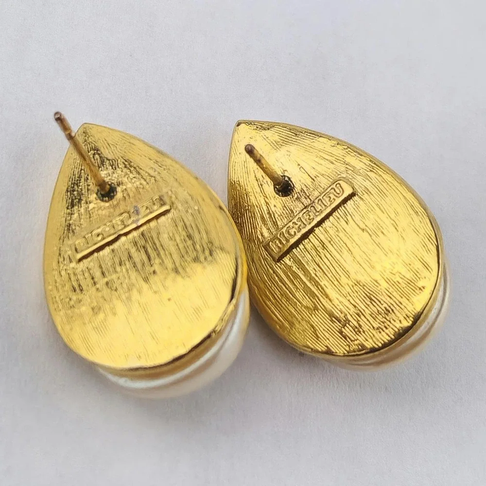 Vintage Richelieu Faux‎ Pearl Teardrop Stud Earrings Gold Tone Rhinestone